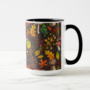Autumn mushrooms, leaves, nuts and berries on dark mug