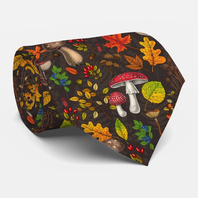 Autumn mushrooms, leaves, nuts and berries on dark neck tie (Rolled)