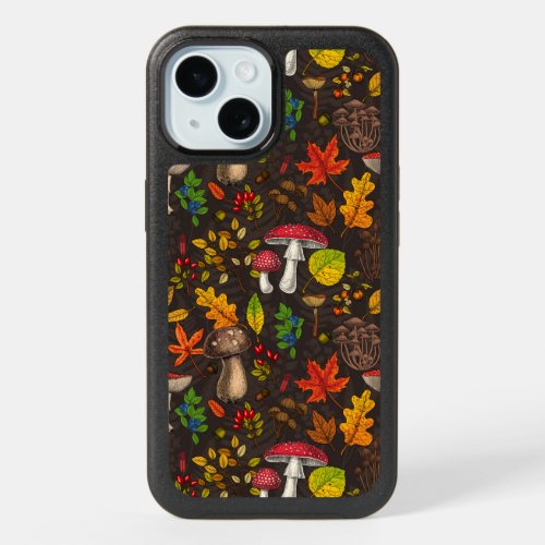Autumn mushrooms leaves nuts and berries on dark iPhone 15 case