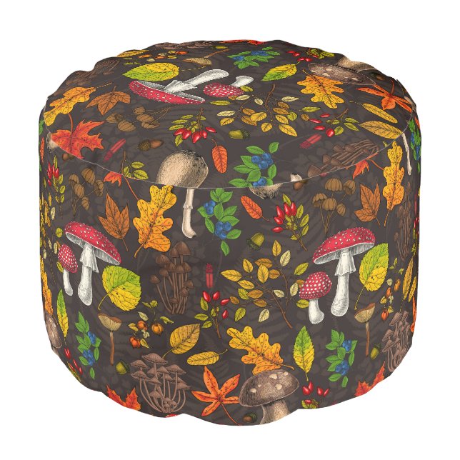 Autumn mushrooms, leaves, nuts and berries on dark pouf (Angled Front)