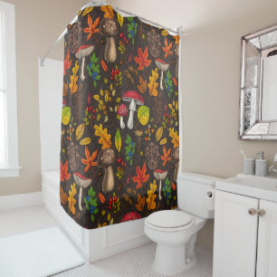 Autumn mushrooms, leaves, nuts and berries on dark shower curtain
