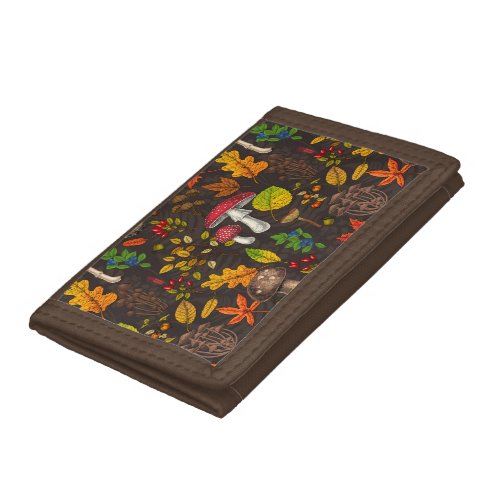 Autumn mushrooms leaves nuts and berries on dark trifold wallet