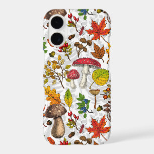 Autumn mushrooms, leaves, nuts and berries on whit iPhone 17 case