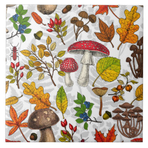 Autumn mushrooms, leaves, nuts and berries on whit ceramic tile