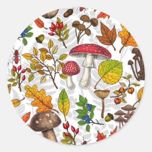 Autumn mushrooms leaves nuts and berries on whit classic round sticker