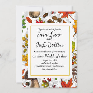 Autumn mushrooms, leaves, nuts and berries on whit invitation