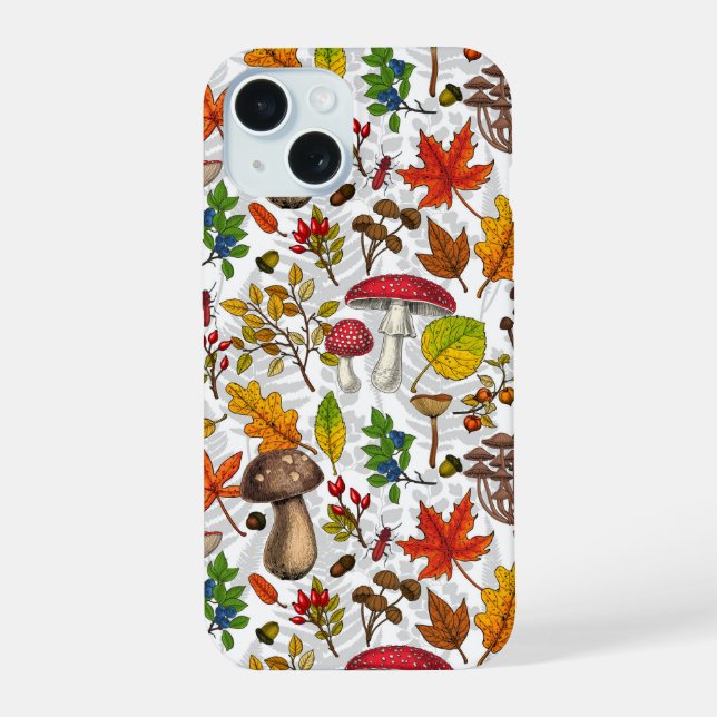 Autumn mushrooms, leaves, nuts and berries on whit iPhone 15 case (Back)