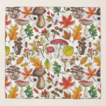 Autumn mushrooms, leaves, nuts and berries on whit scarf<br><div class="desc">Hаnd-painted vector pattern with various autumn mushrooms,  fallen leaves,  acorns,  berries and bugs</div>
