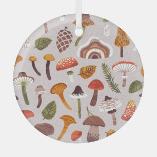 Autumn mushrooms, leaves: vintage repeat. glass ornament