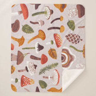 Autumn mushrooms, leaves: vintage repeat. sherpa blanket