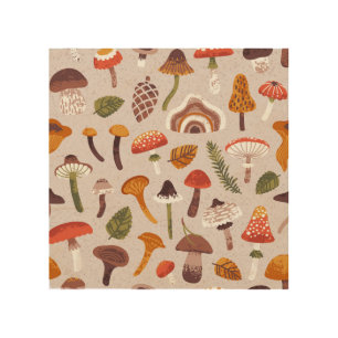Autumn mushrooms, leaves: vintage repeat. wood wall art