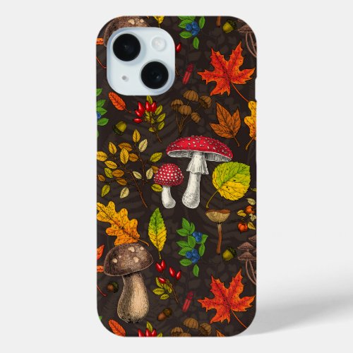 Autumn mushroomsnuts and berries on dark iPhone 15 case