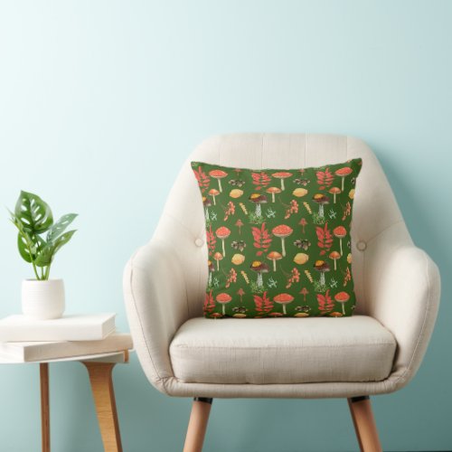 Autumn Mushrooms on Forest Green Background Throw Pillow