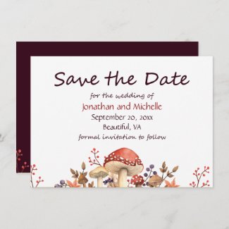 Autumn Mushrooms, Plants and Leaves Fall Wedding Save The Date