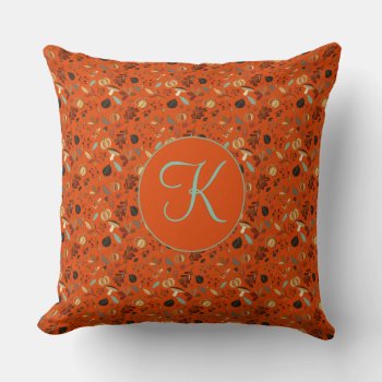 Autumn Nature Pattern Monogram Initial Orange Throw Pillow by holiday_store at Zazzle