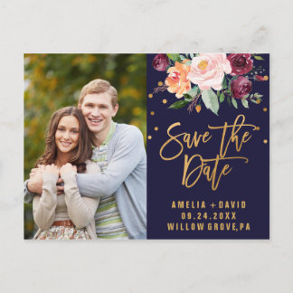 Autumn Navy and Gold Save the Date Photo Announcement Postcard