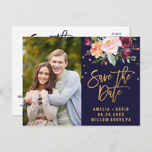 Autumn Navy and Gold Save the Date Photo Announcement Postcard