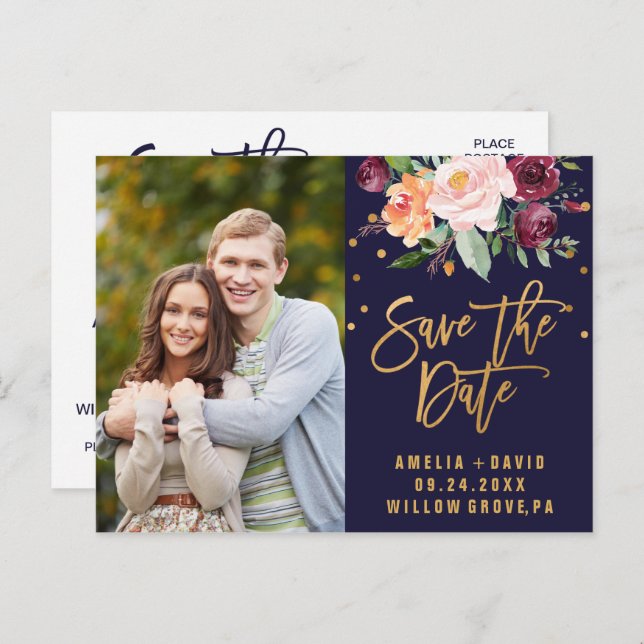 Autumn Navy and Gold Save the Date Photo Announcement Postcard (Front/Back)