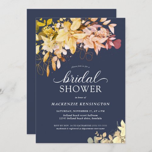 Autumn Navy Blue Botanical Bridal Shower Invitation