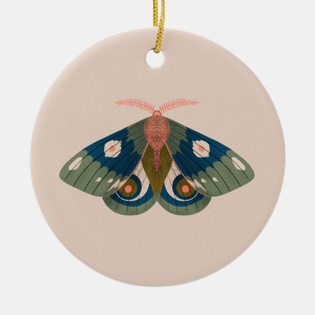 Autumn Nights Green Blue Moth Ceramic Ornament (Front)