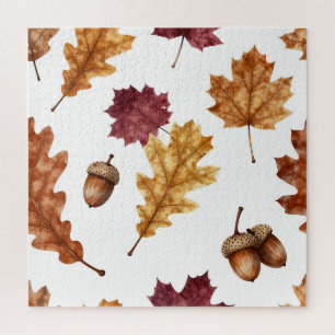 Autumn Oak Leaves Acorn Watercolor Pattern Jigsaw Puzzle