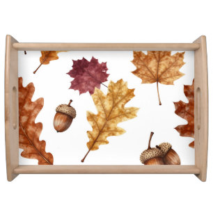 Autumn Oak Leaves Acorn Watercolor Pattern Serving Tray