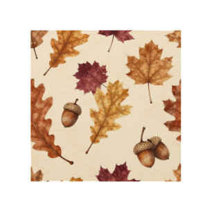 Autumn Oak Leaves Acorn Watercolor Pattern Wood Wall Art