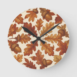 Autumn Oak Leaves Acorns Brown Seamless Fall  Round Clock