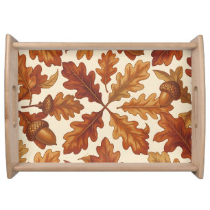 Autumn Oak Leaves Acorns Brown Seamless Fall Serving Tray