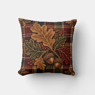 Autumn Oak Leaves Acorns Plaid Throw Pillow