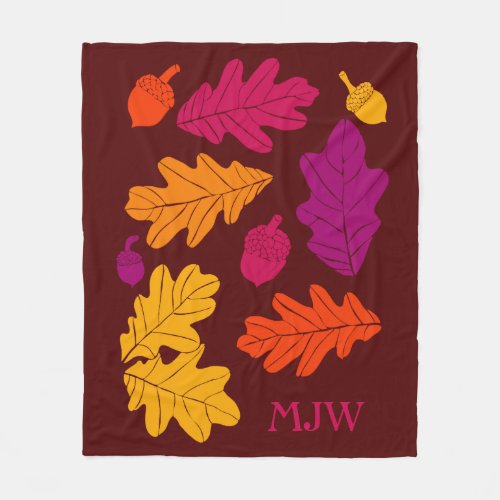 Autumn Oak Leaves and Acorns Monogrammed Fleece Blanket