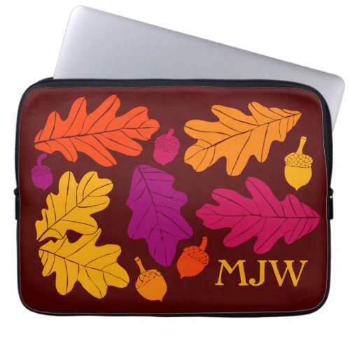 Autumn Oak Leaves and Acorns Monogrammed Laptop Sleeve