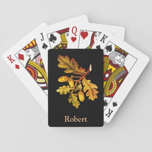 Autumn Oak Leaves and Acorns on Black Background Poker Cards
