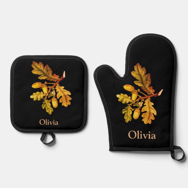 Autumn Oak Leaves and Acorns Oven Mitt & Pot Holder Set (Front)
