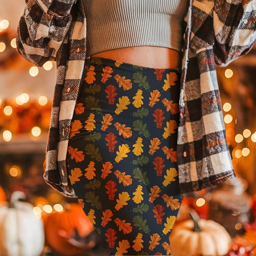 Autumn Oak Leaves Fall Navy Leggings