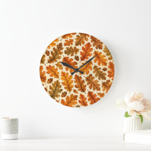 Autumn Oak Leaves Pattern Cozy Nature Aesthetic Large Clock