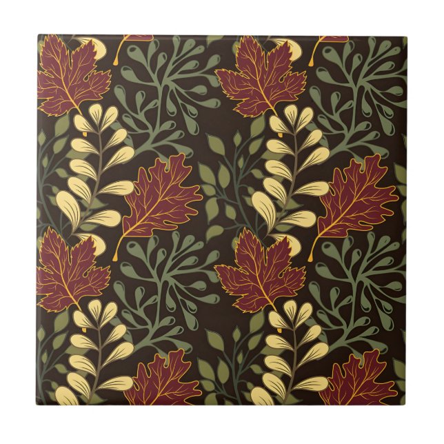 Autumn Oak Leaves Pattern in Maroon and Yellow Ceramic Tile (Front)