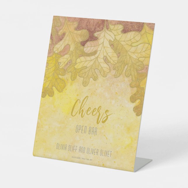 Autumn Oak Leaves Wedding Open Bar Pedestal Sign (Front)