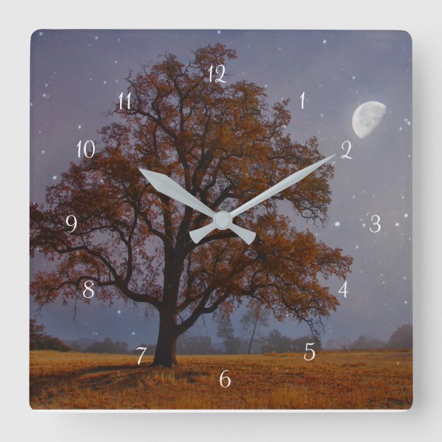 Autumn Oak Tree and Moon Fantasy Surreal Square Wall Clock (Front)