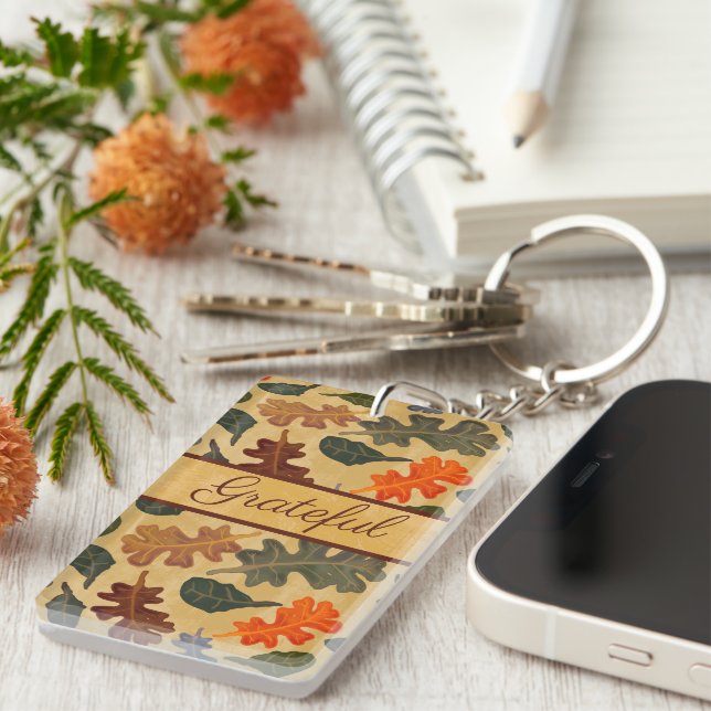 Autumn Oak Tree Leaves Grateful Keychain (Front Right)