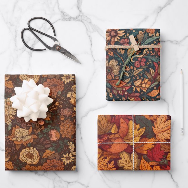 Autumn October Leaves and Flowers Wrapping Paper Sheets (Front)