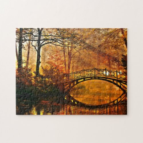 Autumn _ Old bridge in autumn misty park Jigsaw Puzzle
