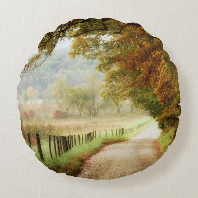 Autumn on a Country Road Round Pillow (Front)