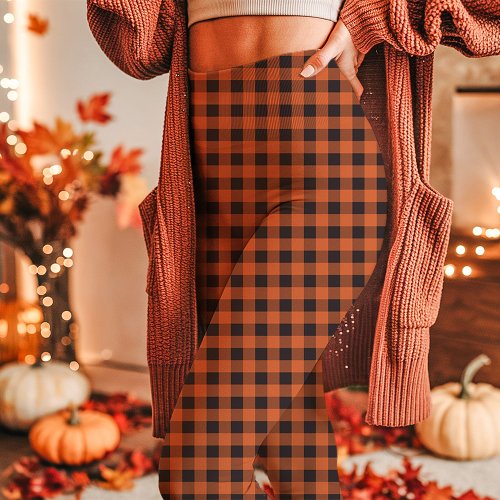 Autumn Orange And Black Gingham Plaid Leggings