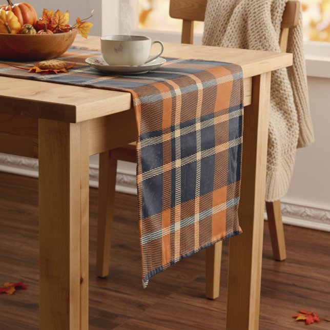 Autumn Orange and Blue Checked Plaid Long Table Runner (Autumn Orange and Blue Checked Plaid Long Table Runner)