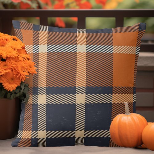 Autumn Orange and Blue Plaid Throw Pillow