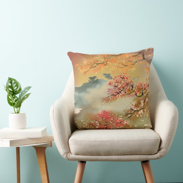 Autumn Orange and Red Trees & Distant Mountains Throw Pillow (Chair)