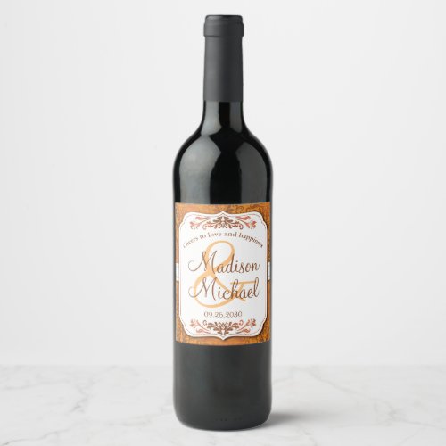 Autumn Orange Fall Damask Cheers Wedding Wine Label