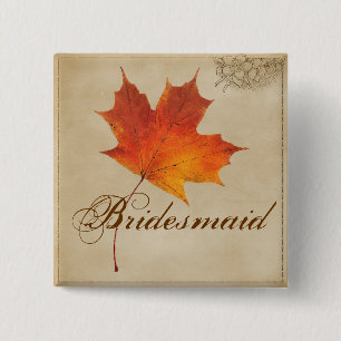 Autumn Orange Fall in Love Leaves bridesmaid Pinback Button