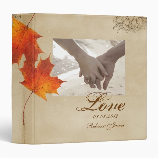 Autumn Orange Fall in Love Leaves Wedding Binder (Front/Spine)